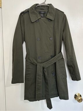 FOREVER21 Olive/Camo Green Double-Breasted Belted Cotton Trench Coat EUC